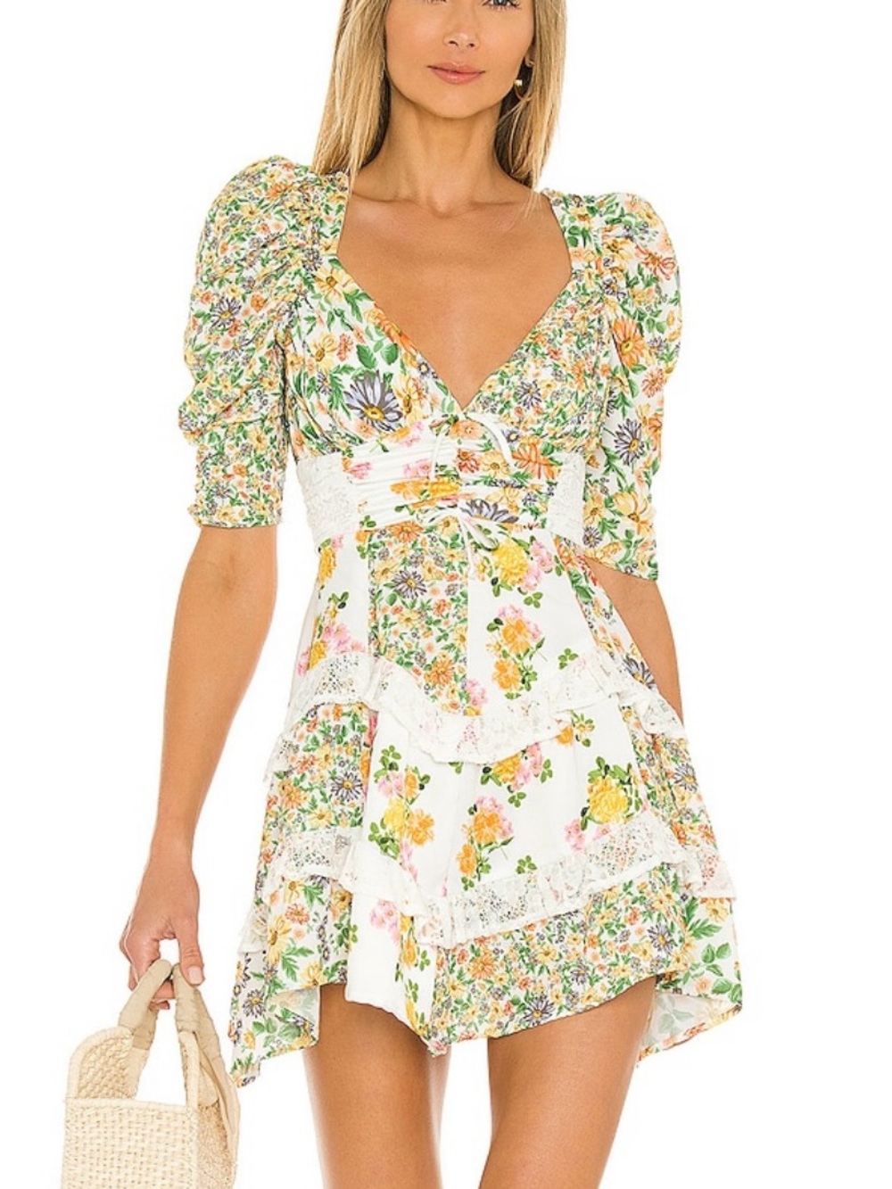 For Love and Lemons Floral Tiered Mini Dress with Puff Sleeves - White Floral